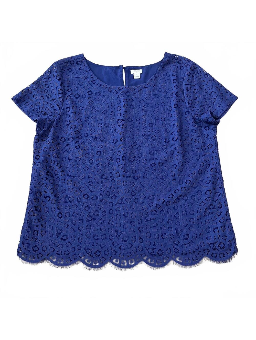 J.Crew Blue Lace Short Sleeve Blouse Top Scalloped Hem Women’s Size 12